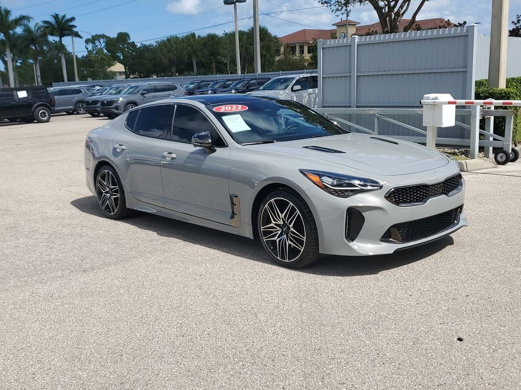 2022 Kia Stinger GT2 in Ceramic Silver — front three-quarter view